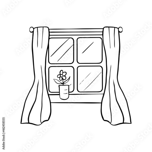 Window with beautiful curtains and indoor plant. Vector sketch doodle drawn by hand. Isolated
