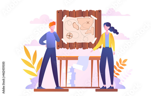 Room with entertainment and riddles. Man and woman pass quest for while. Friends look at map and think about solution to problem. Cartoon flat vector illustration isolated on white background