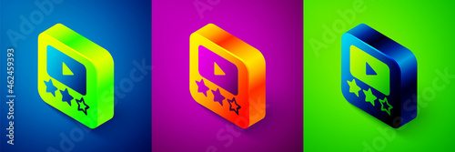 Isometric Film or movie cinematography rating or review icon isolated on blue, purple and green background. Square button. Vector