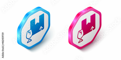 Isometric Delivery package box with fragile content symbol of broken glass icon isolated on white background. Box, package, parcel sign. Hexagon button. Vector