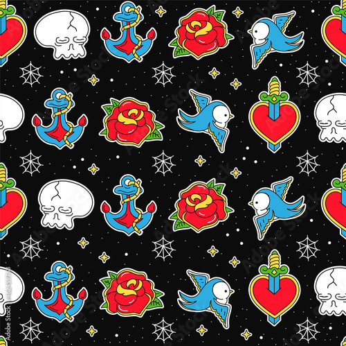 Old school tattoo hipster style seamless pattern. Vector hand drawn doodle cartoon character illustration. Old school traditional tattoo, anchor, swallow, heart and knife, skull, rose seamless pattern