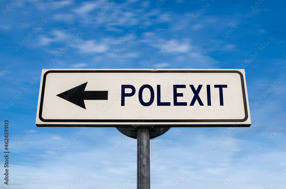 Polexit road sign, arrow on blue sky background. One way blank road sign with copy space. Arrow on a pole pointing in one direction. Polexit road sign, arrow on blue sky background. One way blank road sign with copy space. Arrow on a pole pointing in one direction.