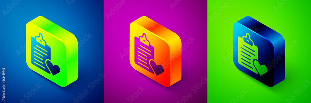Isometric Medical clipboard with clinical record icon isolated on blue, purple and green background. Prescription, medical check marks report. Square button. Vector Isometric Medical clipboard with clinical record icon isolated on blue, purple and green background. Prescription, medical check marks report. Square button. Vector