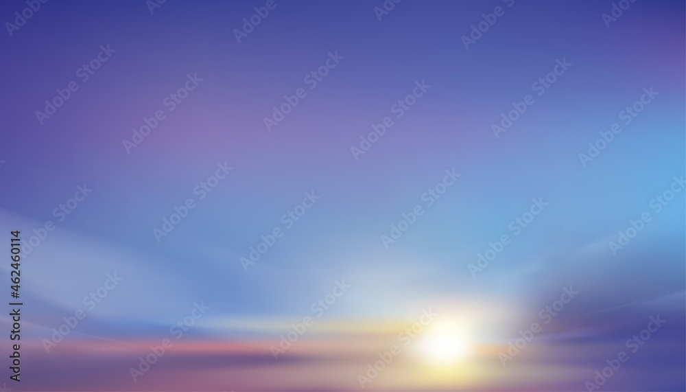 Dusk sky,illustration Background of Dramatic twilight landscape with pastel Sunlight in evening,Vector horizon banner colourful sky,yellow,orange,purple and blue in Morning for four season backdrop