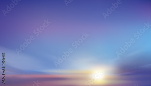 Dusk sky illustration Background of Dramatic twilight landscape with pastel Sunlight in evening Vector horizon banner colourful sky yellow orange purple and blue in Morning for four season backdrop