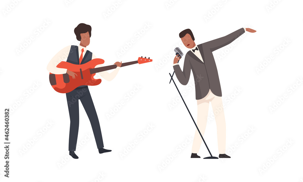 Obraz premium Man Musician Character Performing Music Playing Electric Guitar and Singing with Microphone Vector Set