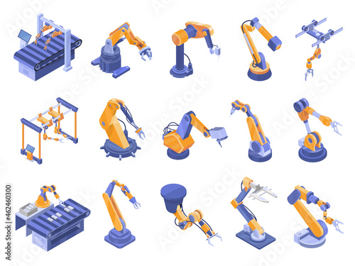 Isometric robotic arm set vector illustration innovation industrial factory machines robot arms