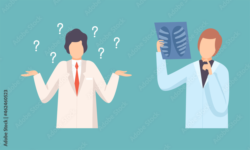 Man Doctor in White Coat Questioning and Examining X-ray Vector Set