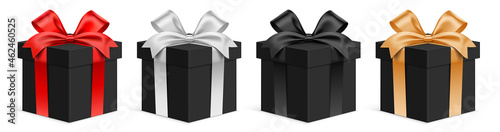 Vector set of black gift boxes with different color ribbons. Realistic premium style 3D giftbox, isolated on white background.