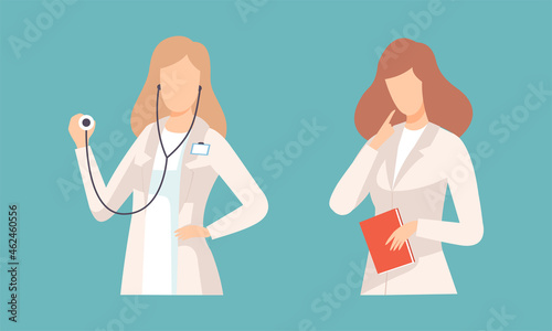 Woman Doctor in White Coat Listening with Stethoscope and Thinking Vector Set