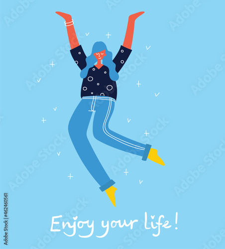 Concept of young people jumping on blue background. Stylish modern vector illustration card with happy female and male teenagers