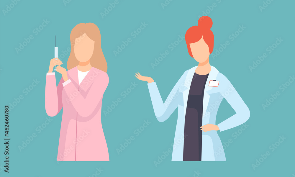 Woman Doctor in Coat Giving Advice and Holding Syringe Vector Set Woman Doctor in Coat Giving Advice and Holding Syringe Vector Set