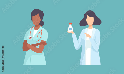 Woman Doctor in White Coat with Stethoscope and Medicament Bottle Vector Set
