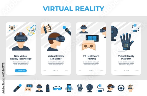 Set virtual reality simulator landing page design vector flat illustration. Augmented or extended vr