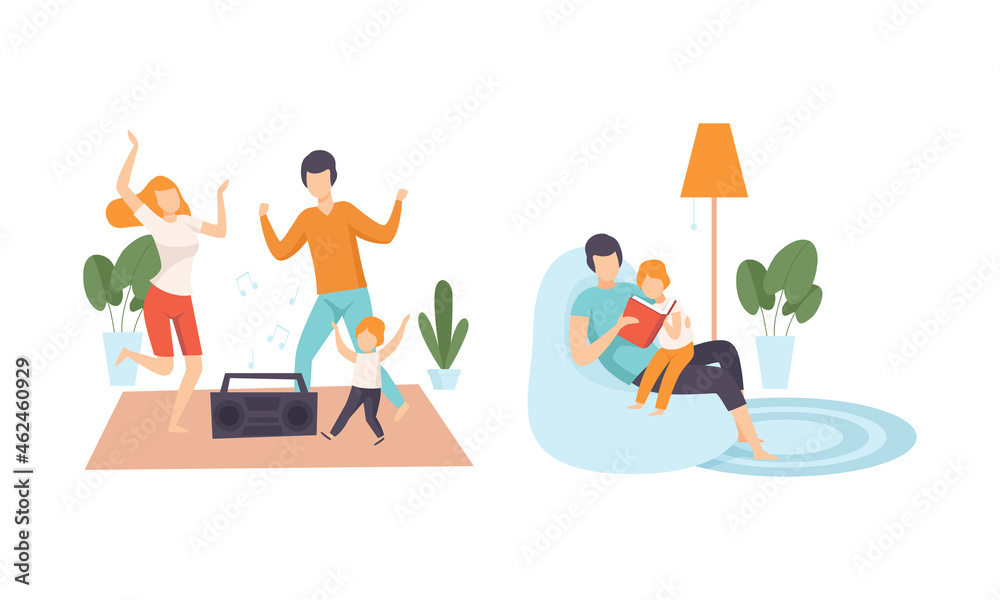 Happy Family with Man and Woman Parent with Kid Spending Good Time Together Dancing to Music and Reading Book Vector Set Happy Family with Man and Woman Parent with Kid Spending Good Time Together Dancing to Music and Reading Book Vector Set