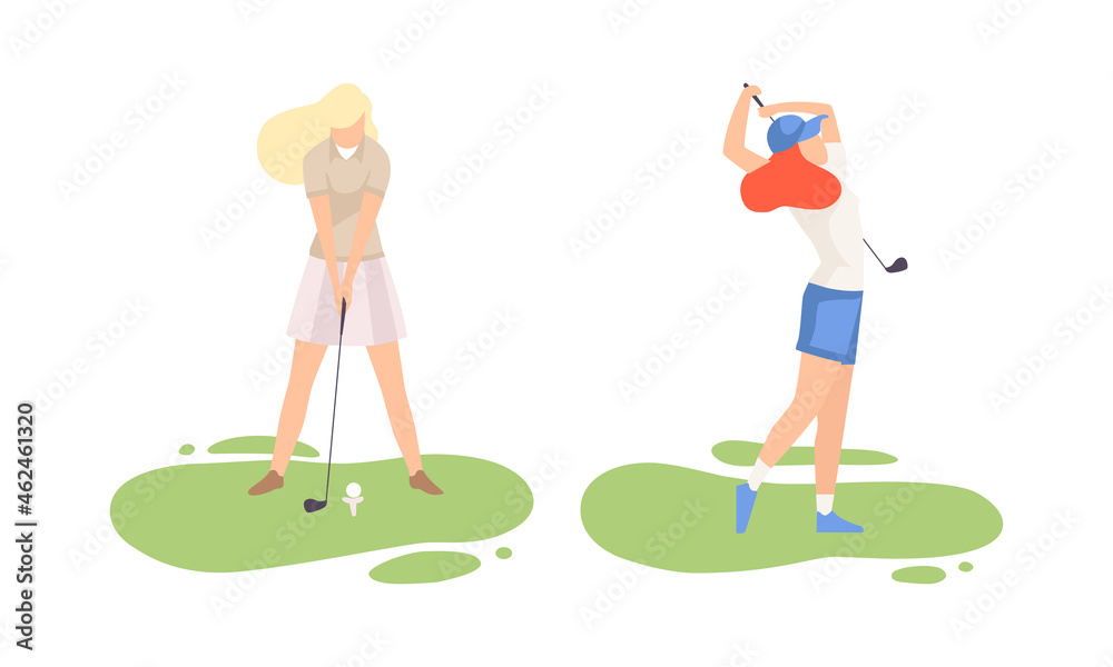 Young Woman on Green Lawn Playing Golf as Club-and-ball Sport Game Vector Set Young Woman on Green Lawn Playing Golf as Club-and-ball Sport Game Vector Set