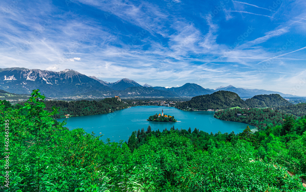 Beautiful landscape of Lake Bled the church island from Ojstrica viewpoint in Bled, Slovenia