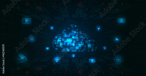 The concept of cloud computing with the internet of things. This cloud technology vector graphic depicts the storage of various essential data on the cloud.