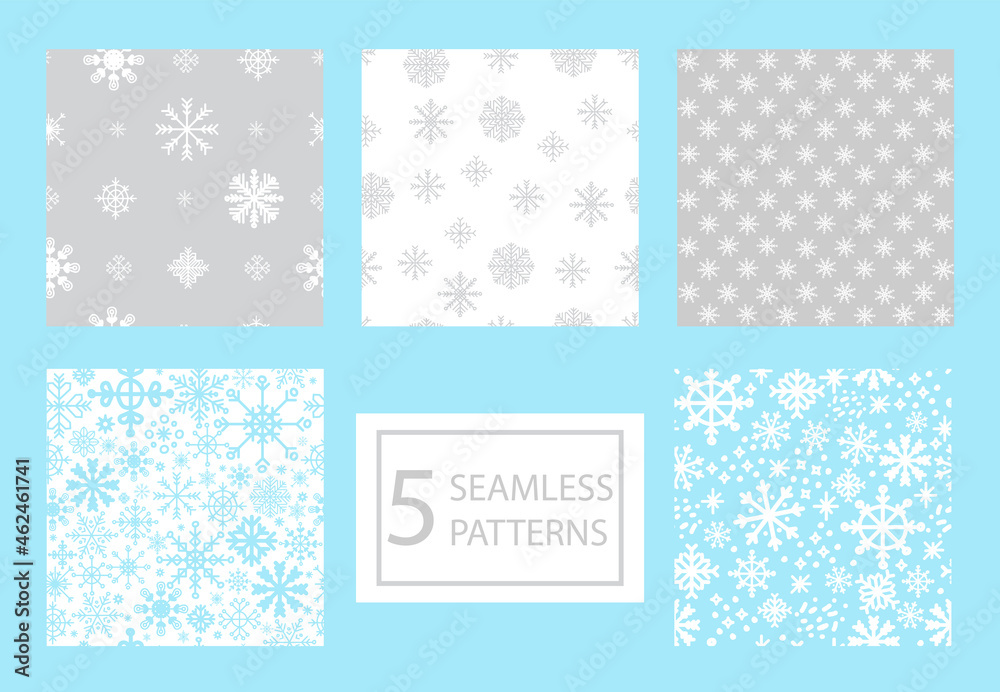 Vector set colorful seamless patterns different snowflakes
