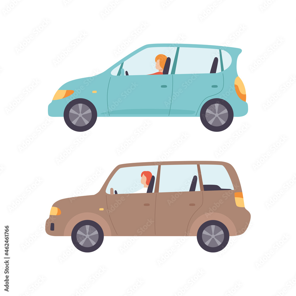 Fototapeta premium Man and Woman Driving Car Sitting at Driver Seat of Motor Vehicle Vector Set