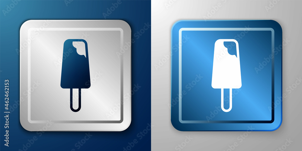 White Ice cream icon isolated on blue and grey background. Sweet symbol. Silver and blue square button. Vector White Ice cream icon isolated on blue and grey background. Sweet symbol. Silver and blue square button. Vector