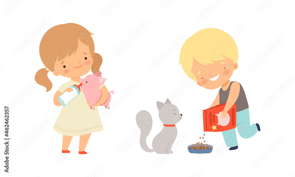 Cute Little Boy and Girl Interacting with Animal in Petting Zoo Vector Set