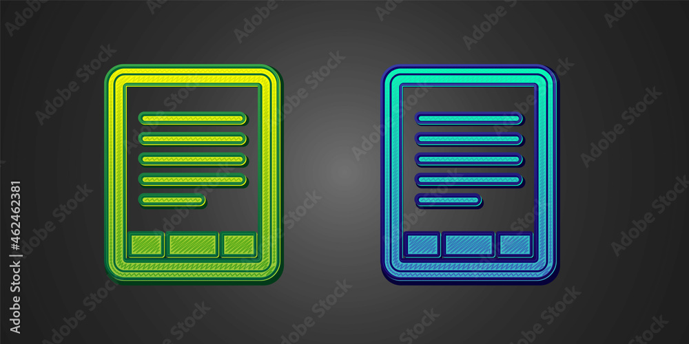 Green and blue E-Book reader icon isolated on black background. Vector Green and blue E-Book reader icon isolated on black background. Vector