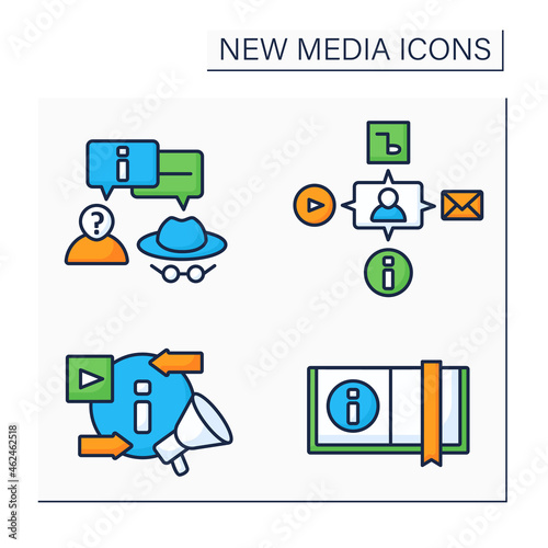 New media color icons set.Anonymous communication, book, media, exchanging and promoting new content. Information space concept. Isolated vector illustrations