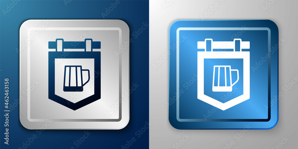 White Street signboard with glass of beer icon isolated on blue and grey background. Suitable for advertisements bar, cafe, pub, restaurant. Silver and blue square button. Vector White Street signboard with glass of beer icon isolated on blue and grey background. Suitable for advertisements bar, cafe, pub, restaurant. Silver and blue square button. Vector