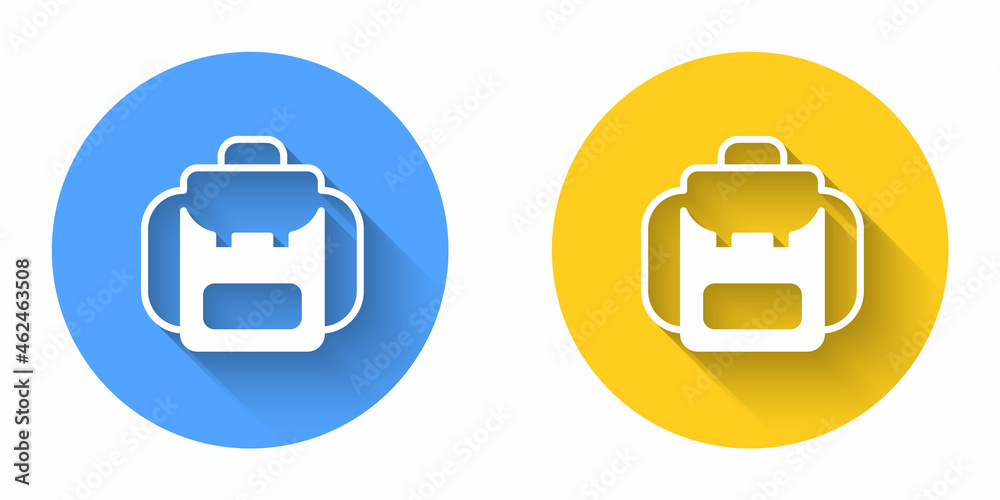 White Hiking backpack icon isolated with long shadow background. Camping and mountain exploring backpack. Circle button. Vector White Hiking backpack icon isolated with long shadow background. Camping and mountain exploring backpack. Circle button. Vector