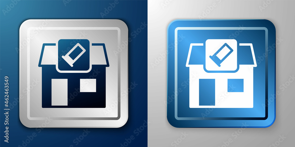 White Hunting shop with rifle and gun weapon icon isolated on blue and grey background. Supermarket or store with weapon equipment. Silver and blue square button. Vector White Hunting shop with rifle and gun weapon icon isolated on blue and grey background. Supermarket or store with weapon equipment. Silver and blue square button. Vector