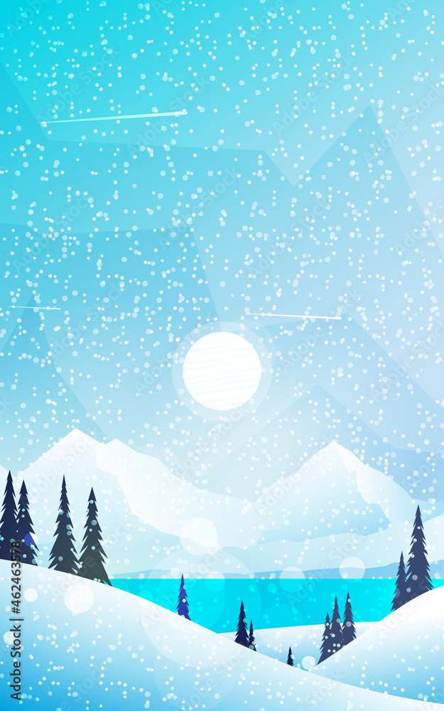 Winter landscape. Cold season. Travel concept of discovering. Nature. Hiking tourism. Adventure. Minimalist graphic flyers. Polygonal flat design for coupon, voucher, gift card. Flat illustration.