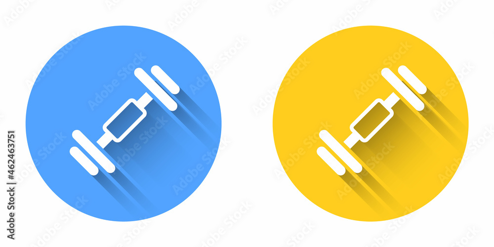 White Dumbbell icon isolated with long shadow background. Muscle lifting, fitness barbell, sports equipment. Circle button. Vector White Dumbbell icon isolated with long shadow background. Muscle lifting, fitness barbell, sports equipment. Circle button. Vector