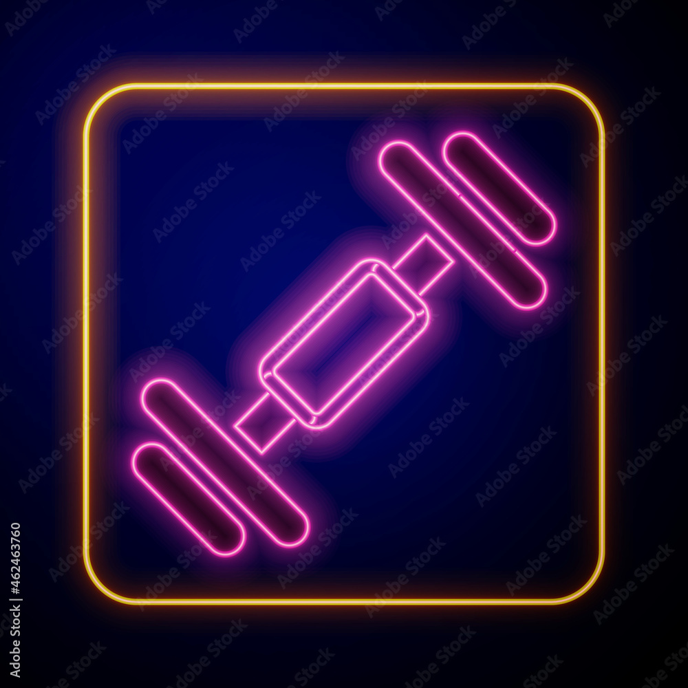 Glowing neon Dumbbell icon isolated on black background. Muscle lifting, fitness barbell, sports equipment. Vector