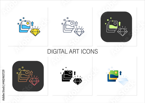 Digital art icons set. Fine digital art collection evolution. Profitable growth. High quality picture. Collection of icons in linear, filled, color styles.Isolated vector illustrations