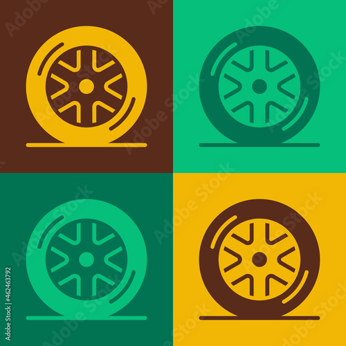 Pop art Car wheel icon isolated on color background. Vector