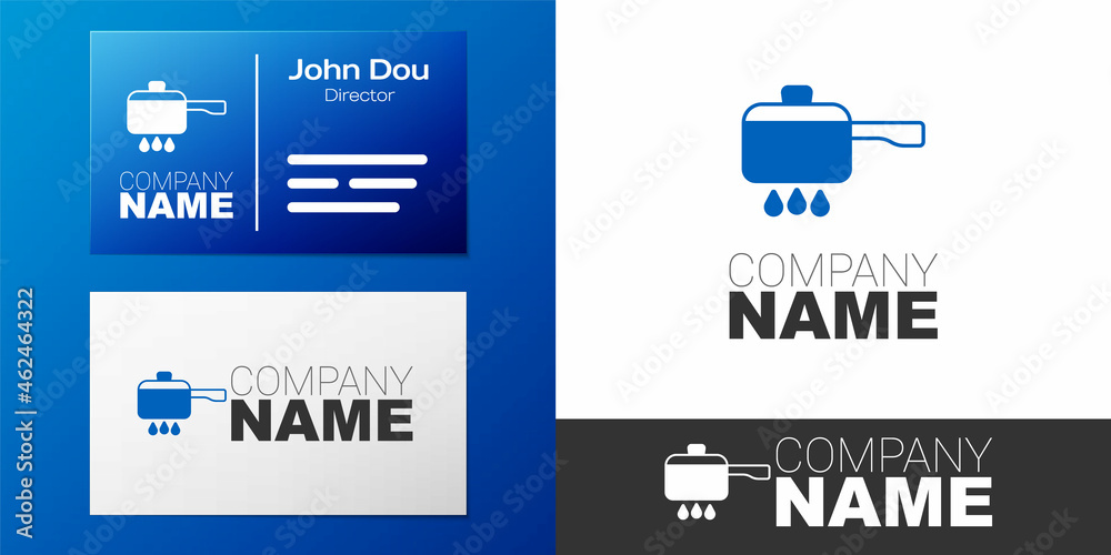 Fototapeta premium Logotype Cooking pot on fire icon isolated on white background. Boil or stew food symbol. Logo design template element. Vector