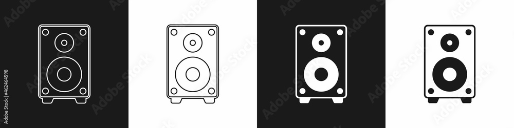Set Stereo speaker icon isolated on black and white background. Sound system speakers. Music icon. Musical column speaker bass equipment. Vector Set Stereo speaker icon isolated on black and white background. Sound system speakers. Music icon. Musical column speaker bass equipment. Vector