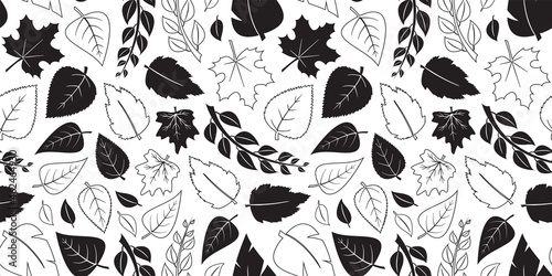 Autumn leaves vector seamless pattern, fall black flat and outline design. Nature background. Simple season illustration