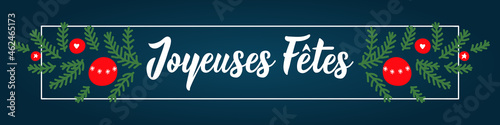 Happy Holidays in French. Ink illustration. Modern brush calligraphy. Christmas banner. Joyeuses Fetes.