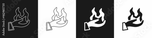 Set Hand holding a fire icon isolated on black and white background. Vector