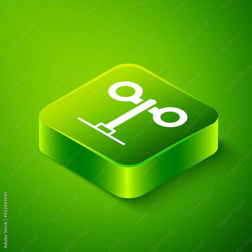 Isometric Train traffic light icon isolated on green background. Traffic lights for the railway to regulate the movement of trains. Green square button. Vector Isometric Train traffic light icon isolated on green background. Traffic lights for the railway to regulate the movement of trains. Green square button. Vector