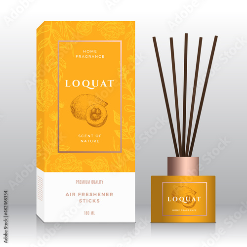Loquat Home Fragrance Sticks Abstract Vector Label Box Template. Hand Drawn Sketch Flowers, Leaves Background. Retro Typography. Room Perfume Packaging Design Layout. Realistic Mockup. Isolated