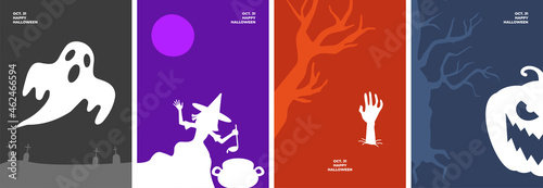 Happy Halloween poster set with holiday symbols. Ghost in cemetery, witch brews magic potion in cauldron, dead man hand on grave, jack-o-lantern pumpkin colorful banners. Celebration eve drawing. Eps