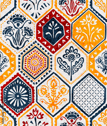 Hexagon tiles seamless pattern. Grunge texture. Ethnic and tribal motifs. Handmade. Patchwork print. Vector illustration.