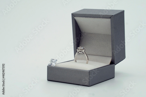 diamond ring in a box, Diamond ring in jewelry gift box on white background