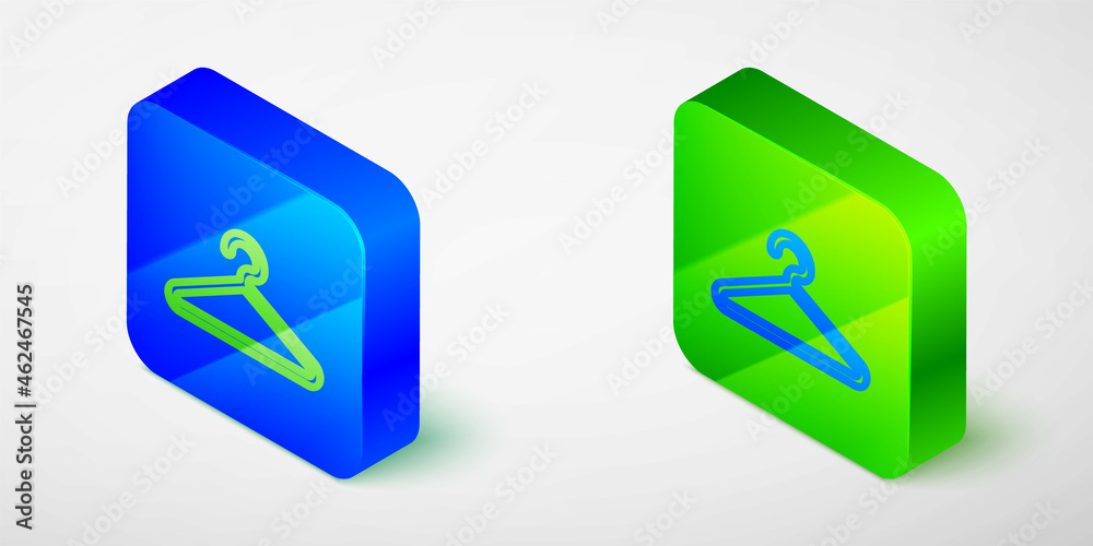 Isometric line Hanger wardrobe icon isolated grey background. Cloakroom icon. Clothes service symbol. Laundry hanger sign. Blue and green square button. Vector Isometric line Hanger wardrobe icon isolated grey background. Cloakroom icon. Clothes service symbol. Laundry hanger sign. Blue and green square button. Vector