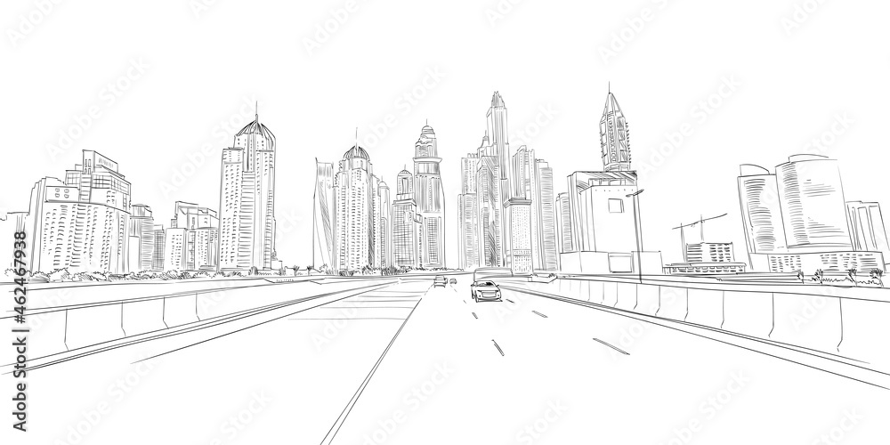 City skyscrapers hand drawn unique perspectives. Dubai. Street sketch, vector illustration