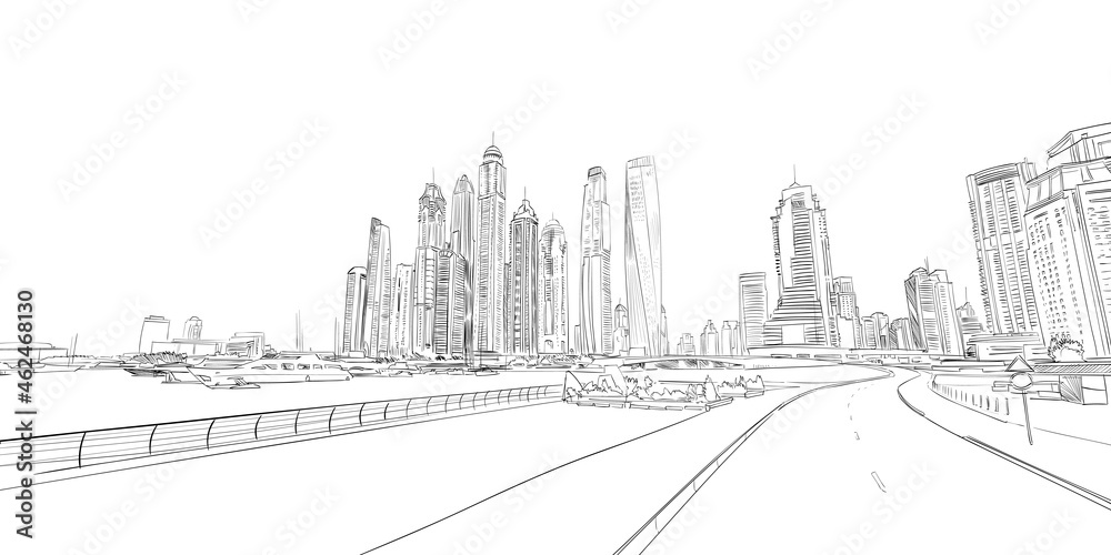 Dubai. United Arab Emirates. City skyscrapers, vector hand drawn illustration Dubai. United Arab Emirates. City skyscrapers, vector hand drawn illustration