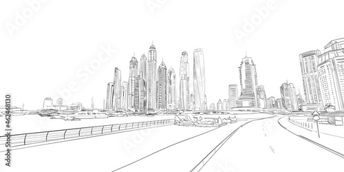 Dubai. United Arab Emirates. City skyscrapers  vector hand drawn illustration 
